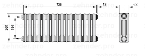 Схема (чертеж) Радиатор Zehnder Charleston 3026/16 №1270 Белый глянцевый RAL 9016